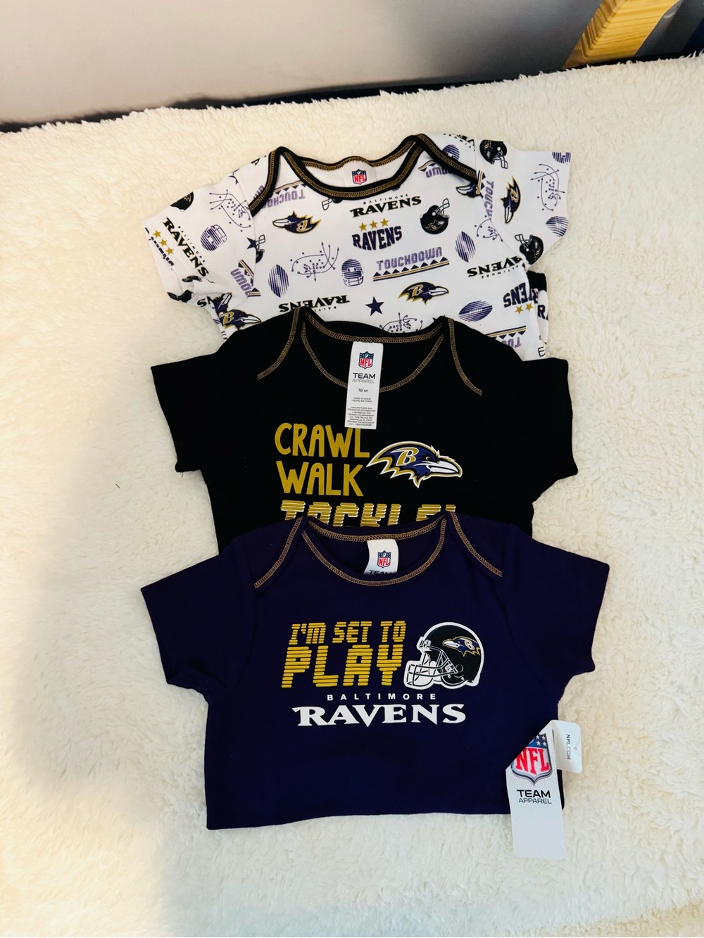 NFL Baltimore Ravens Baby onesie 3-Pack - Purple, Black, White, Gold Accents